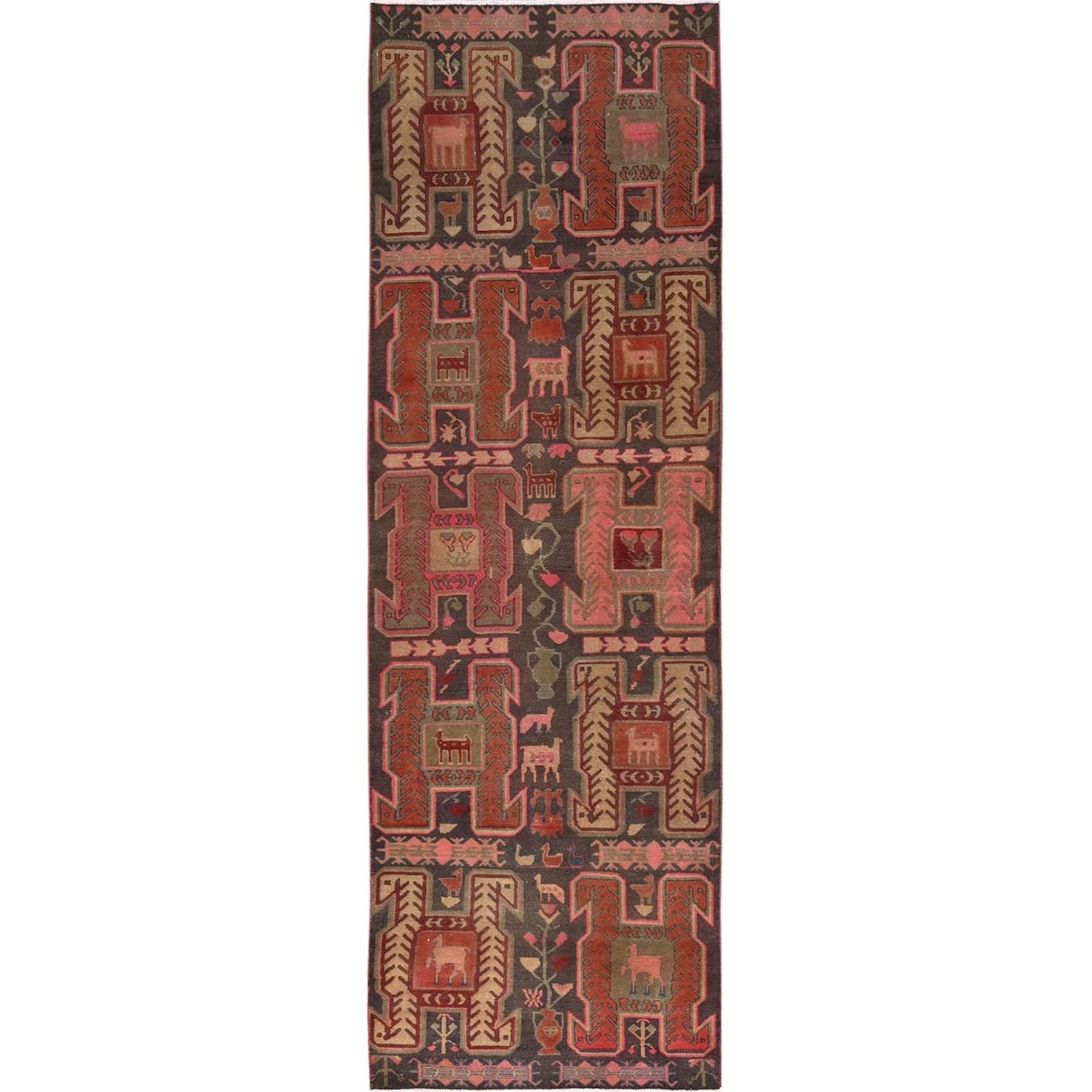 2'10"x9' Carob Brown, Vintage Northwest Persian with Animal Figurines, Worn Down and Distressed, 100% Wool, Hand Knotted, Zero Pile, Sides and Ends Professionally Secured, Runner, Oriental Rug 
